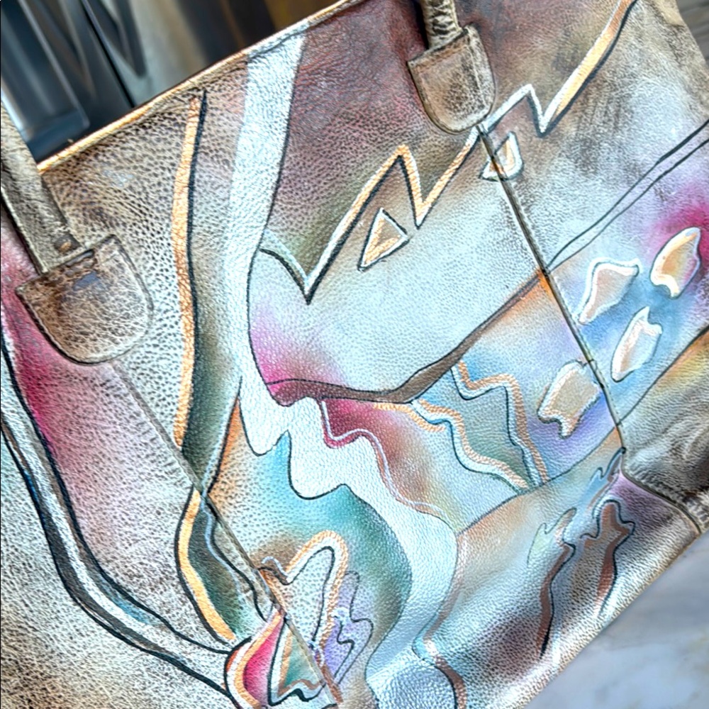80’s RARE RETRO Leather Hand Painted Tote Shoulder Bag - Picture 10 of 17